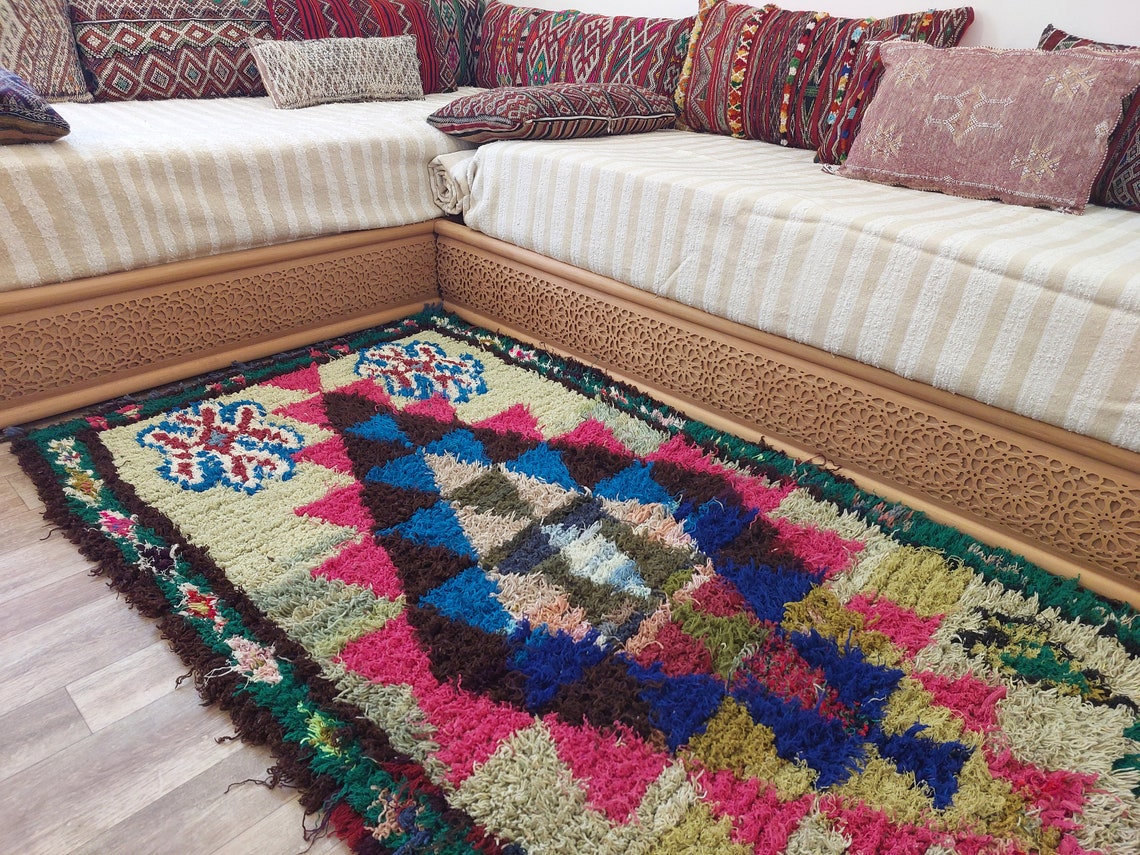 Small Boucherouite Rug , Moroccan Rug Runner - Vintage Azilal Rug - Hand Woven Berber Carpet - Moroccan Rug 100 X 216 cm MoroccanBazzArts
