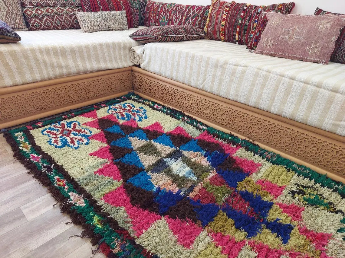 Small Boucherouite Rug , Moroccan Rug Runner - Vintage Azilal Rug - Hand Woven Berber Carpet - Moroccan Rug 100 X 216 cm MoroccanBazzArts