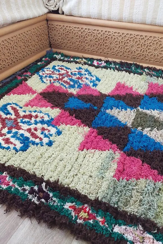 Small Boucherouite Rug , Moroccan Rug Runner - Vintage Azilal Rug - Hand Woven Berber Carpet - Moroccan Rug 100 X 216 cm MoroccanBazzArts