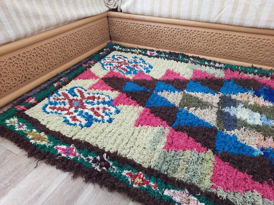Small Boucherouite Rug , Moroccan Rug Runner - Vintage Azilal Rug - Hand Woven Berber Carpet - Moroccan Rug 100 X 216 cm MoroccanBazzArts