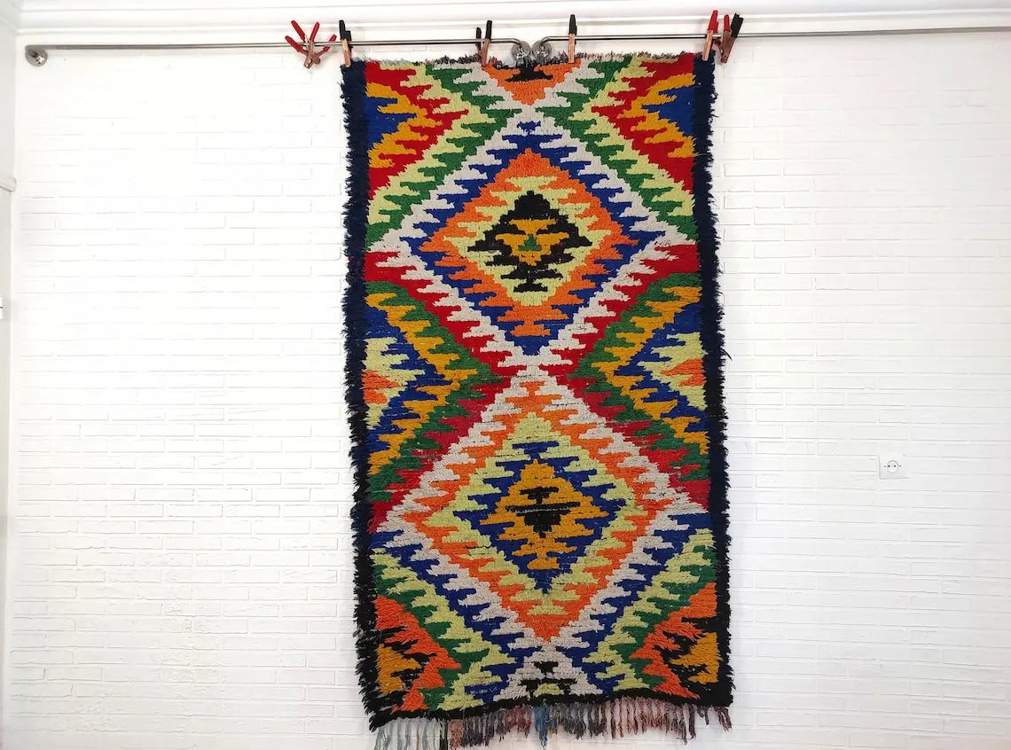 Small Moroccan Rug Runner - Vintage Azilal Rug - Hand Woven Bedside Rug - Boucherouite Rug - Moroccan Rug 217 Cm X 126 Cm MoroccanBazzArts