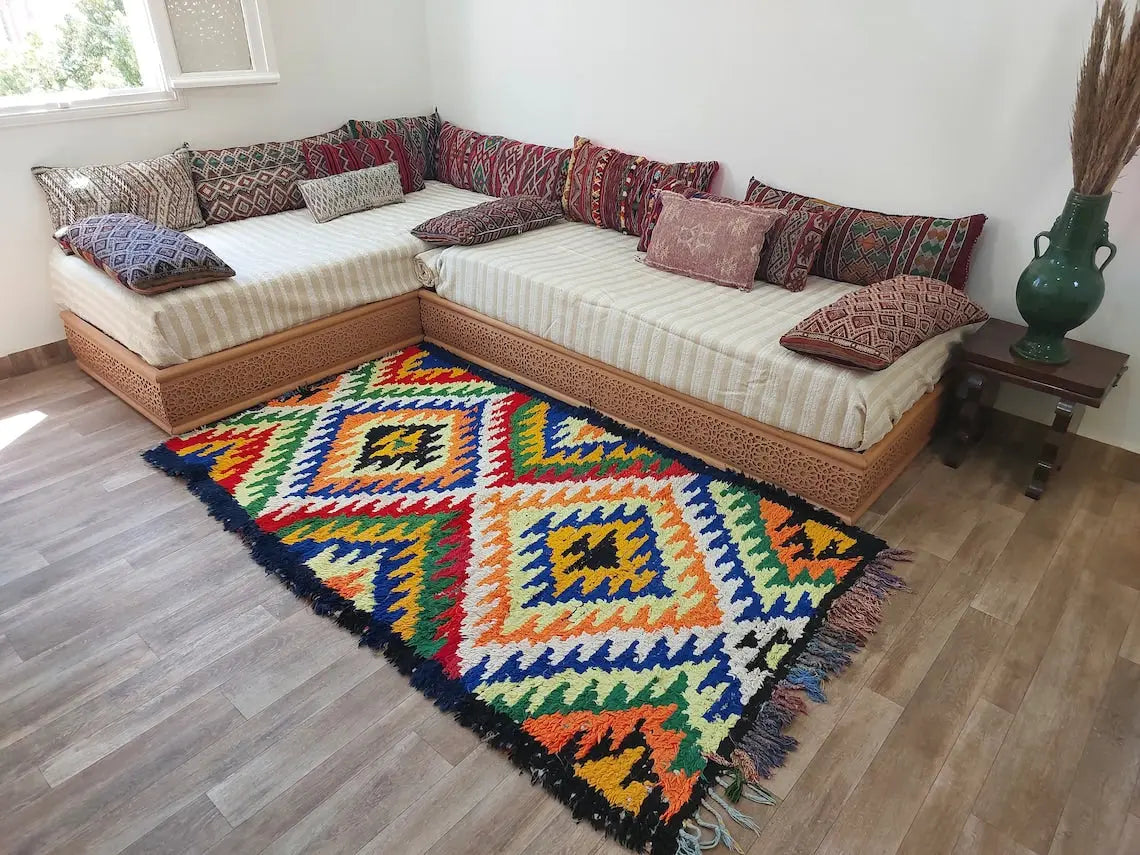 Small Moroccan Rug Runner - Vintage Azilal Rug - Hand Woven Bedside Rug - Boucherouite Rug - Moroccan Rug 217 Cm X 126 Cm MoroccanBazzArts