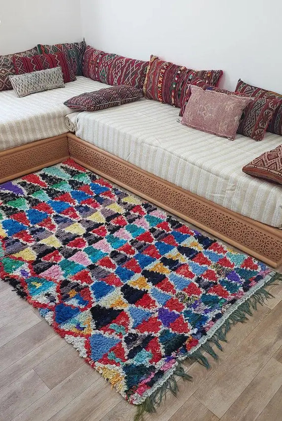 Boucherouite Rug Handmade Moroccan Berber: Colorful Recycled Fabric 3.6x6.6 MoroccanBazzArts