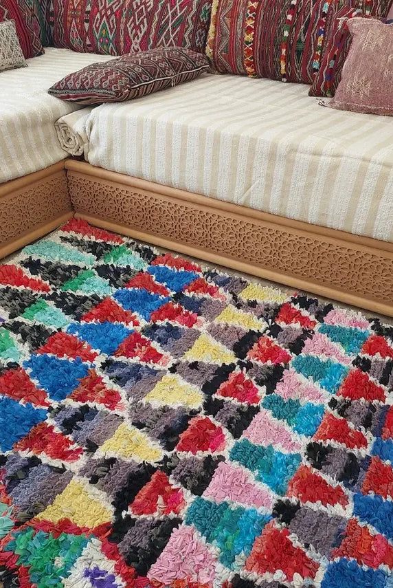 Boucherouite Rug Handmade Moroccan Berber: Colorful Recycled Fabric 3.6x6.6 MoroccanBazzArts