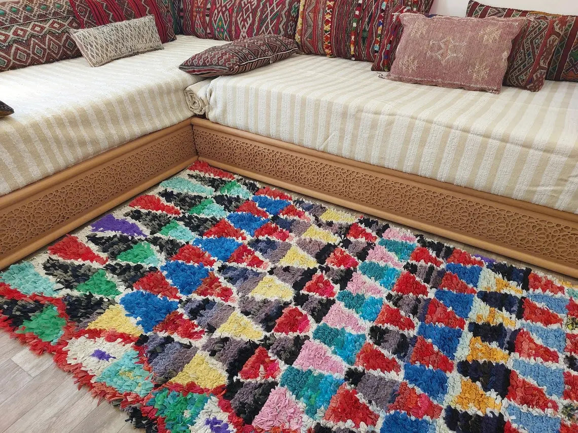 Boucherouite Rug Handmade Moroccan Berber: Colorful Recycled Fabric 3.6x6.6 MoroccanBazzArts
