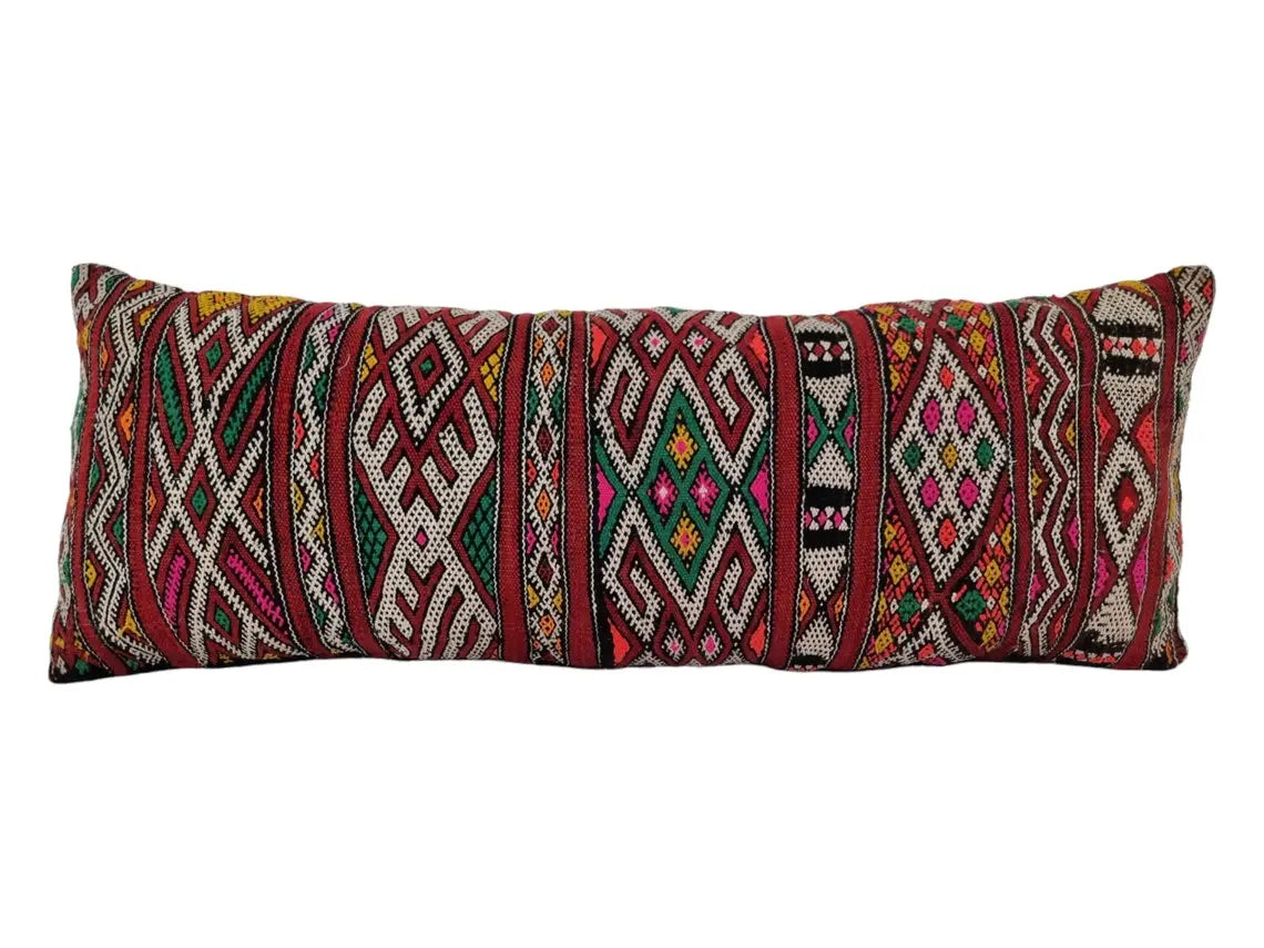 Stunning Vintage Moroccan Lumbar Pillow - Handmade Berber Cushion - Double Sided Berber Lumbar Case - Authentic Bohemian Pillow. 13x37 Inch MoroccanBazzArts
