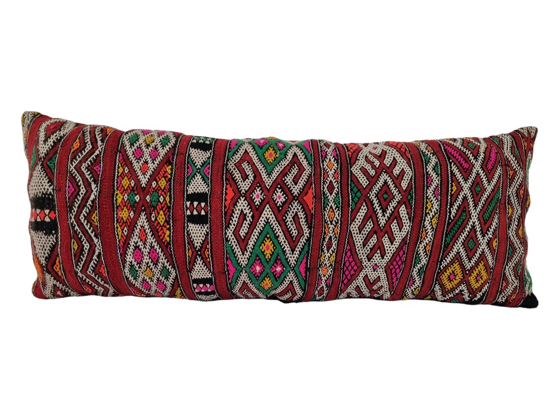 Stunning Vintage Moroccan Lumbar Pillow - Handmade Berber Cushion - Double Sided Berber Lumbar Case - Authentic Bohemian Pillow. 13x37 Inch MoroccanBazzArts