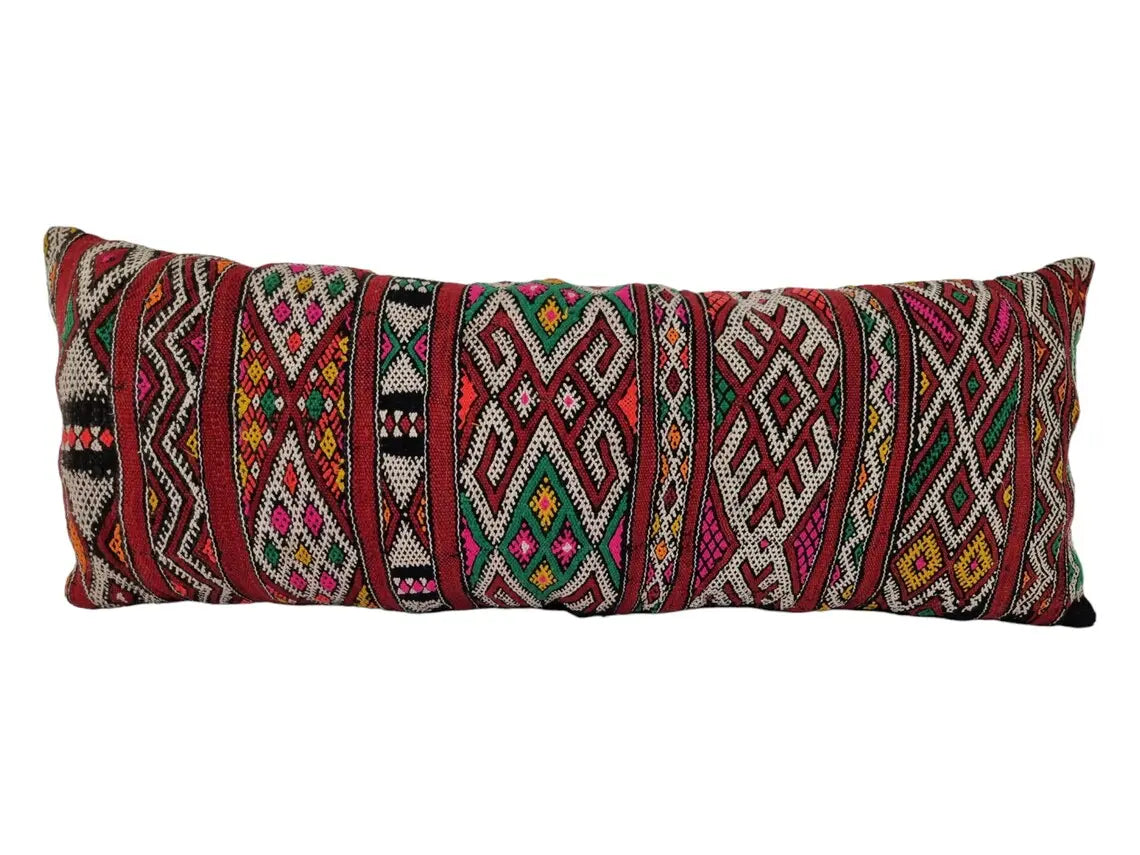Stunning Vintage Moroccan Lumbar Pillow - Handmade Berber Cushion - Double Sided Berber Lumbar Case - Authentic Bohemian Pillow. 13x37 Inch MoroccanBazzArts