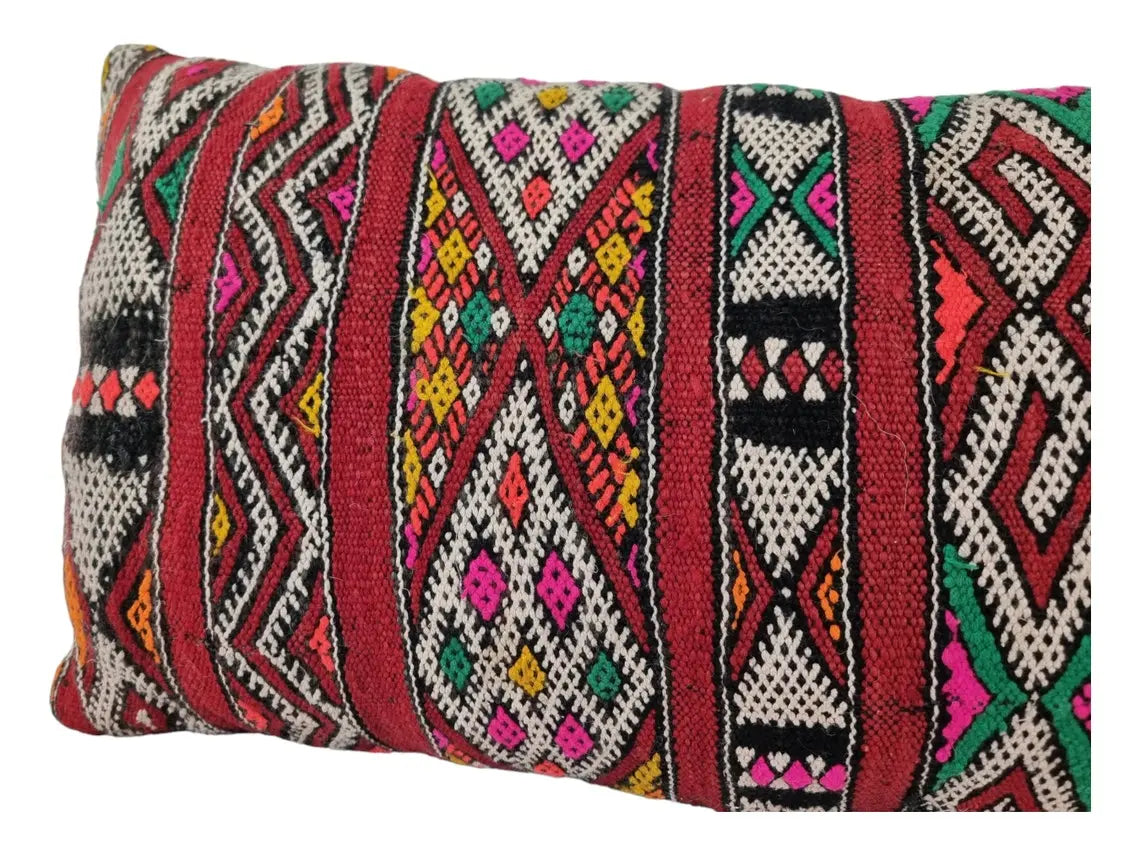 Stunning Vintage Moroccan Lumbar Pillow - Handmade Berber Cushion - Double Sided Berber Lumbar Case - Authentic Bohemian Pillow. 13x37 Inch MoroccanBazzArts
