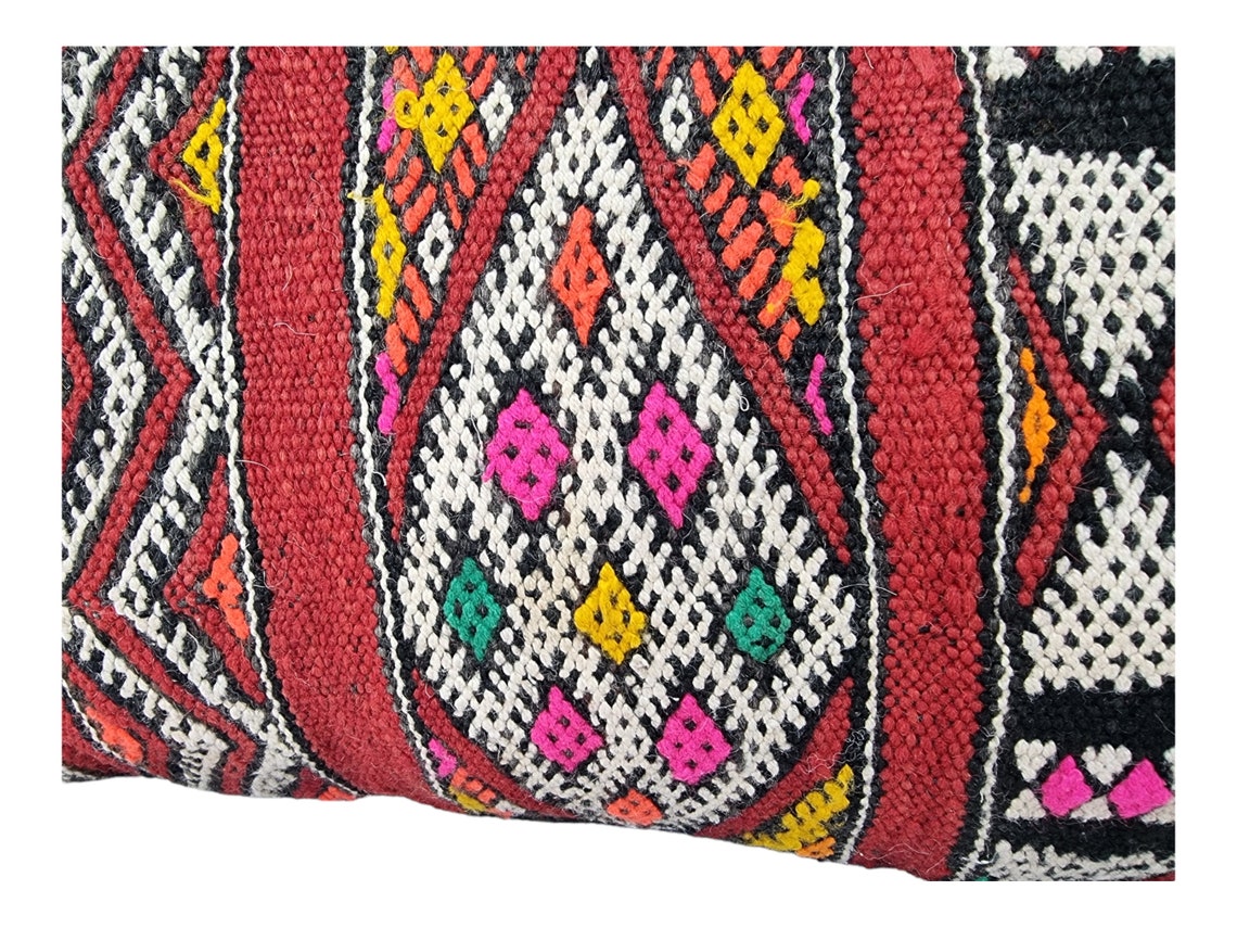 Stunning Vintage Moroccan Lumbar Pillow - Handmade Berber Cushion - Double Sided Berber Lumbar Case - Authentic Bohemian Pillow. 13x37 Inch MoroccanBazzArts