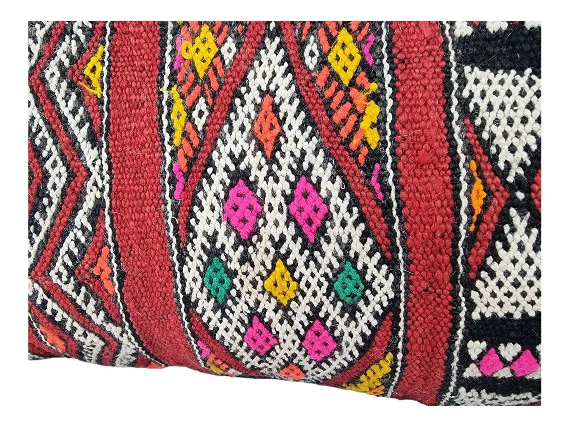 Stunning Vintage Moroccan Lumbar Pillow - Handmade Berber Cushion - Double Sided Berber Lumbar Case - Authentic Bohemian Pillow. 13x37 Inch MoroccanBazzArts