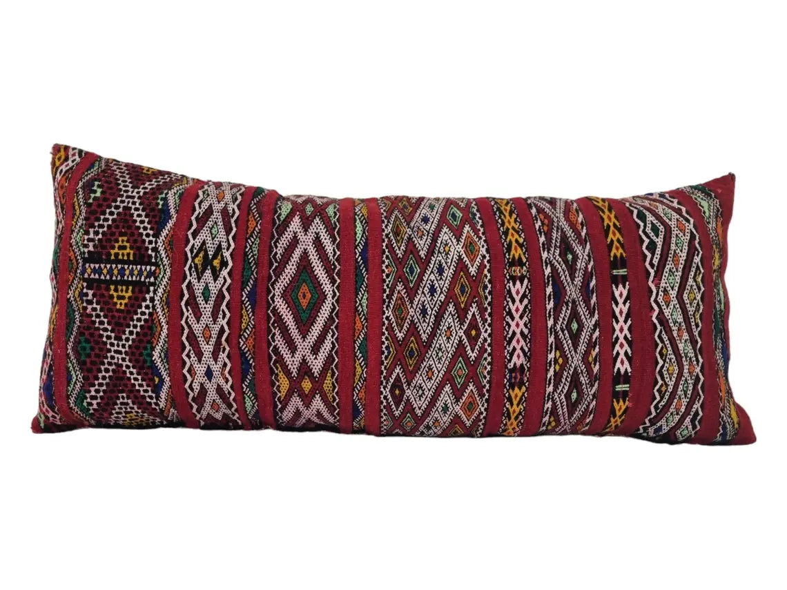 Stunning Vintage Moroccan Lumbar Pillow - Handmade Berber Cushion - Double Sided Berber Lumbar Case - Authentic Bohemian Pillow. 14x35 Inch MoroccanBazzArts