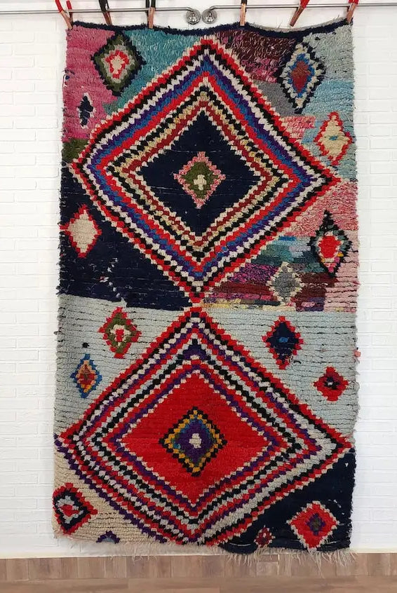 Vintage Boucherouite Rug - Art Moroccan Rug - Abstract Beni Rug - Handknotted Berber Rug - Colorful Carpet 142x224 Cm MoroccanBazzArts
