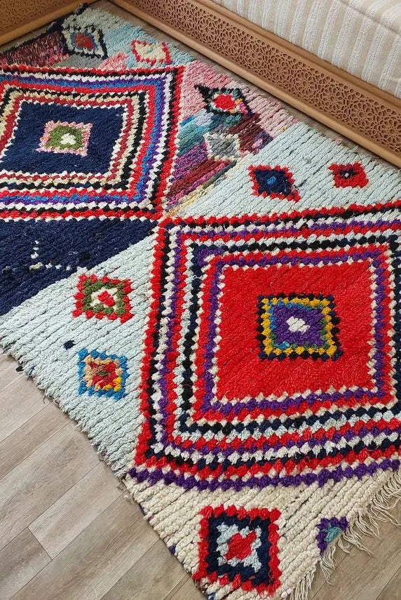 Vintage Boucherouite Rug - Art Moroccan Rug - Abstract Beni Rug - Handknotted Berber Rug - Colorful Carpet 142x224 Cm MoroccanBazzArts