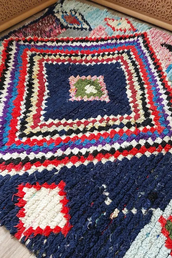 Vintage Boucherouite Rug - Art Moroccan Rug - Abstract Beni Rug - Handknotted Berber Rug - Colorful Carpet 142x224 Cm MoroccanBazzArts