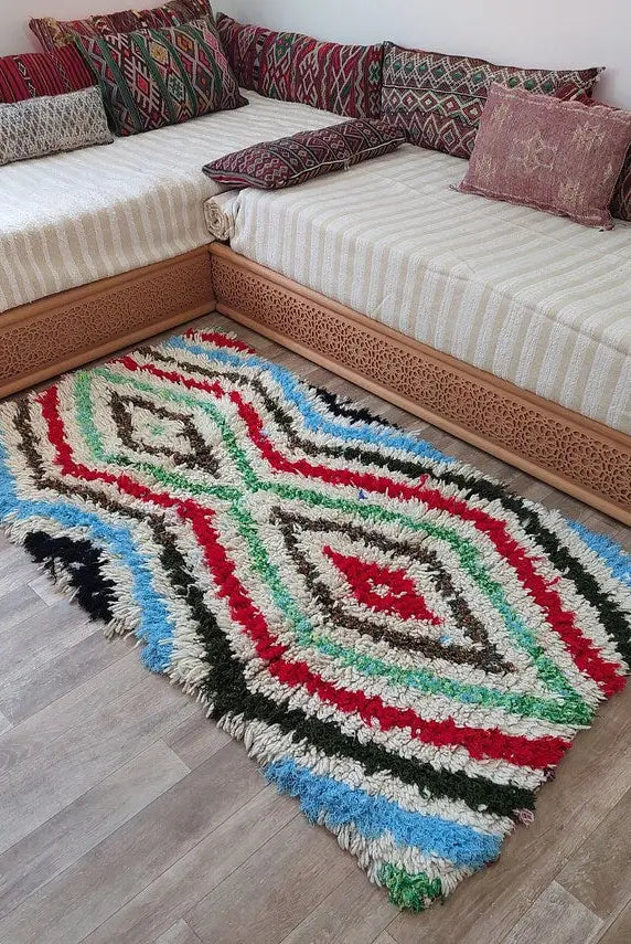 Small Moroccan Rug - Vintage Azilal Rug - Hand Woven Bedside Rug - Boucherouite Rug - Handmade Berber Rug, 100 X182cm MoroccanBazzArts