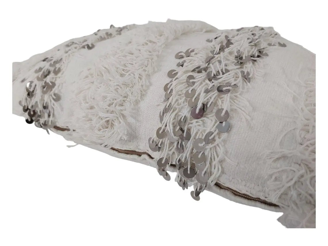 Boho Wedding Decor Pillow: Cream Wool Cotton Moroccan Fringe Cushion Cover MoroccanBazzArts