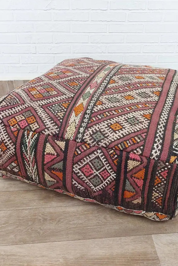 Vintage Moroccan Kilim Floor Pouf: Handmade Wool Berber Ottoman Cushion For Bohemian Home Decor MoroccanBazzArts