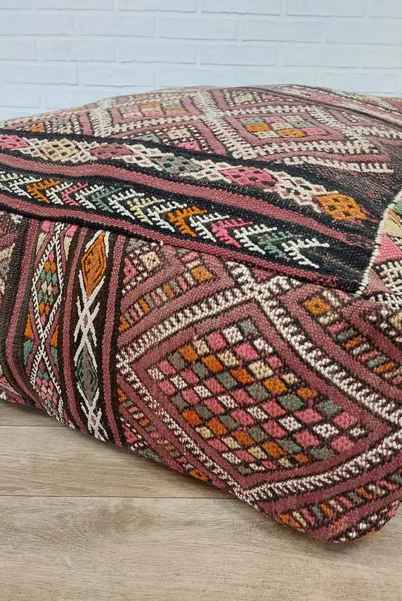 Vintage Moroccan Kilim Pouf: Handcrafted Berber Floor Ottoman, Colorful Wool Boujaad Cushion MoroccanBazzArts
