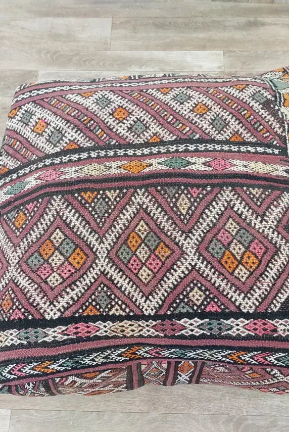 Vintage Moroccan Kilim Pouf: Handcrafted Berber Floor Ottoman, Colorful Wool Boujaad Cushion MoroccanBazzArts