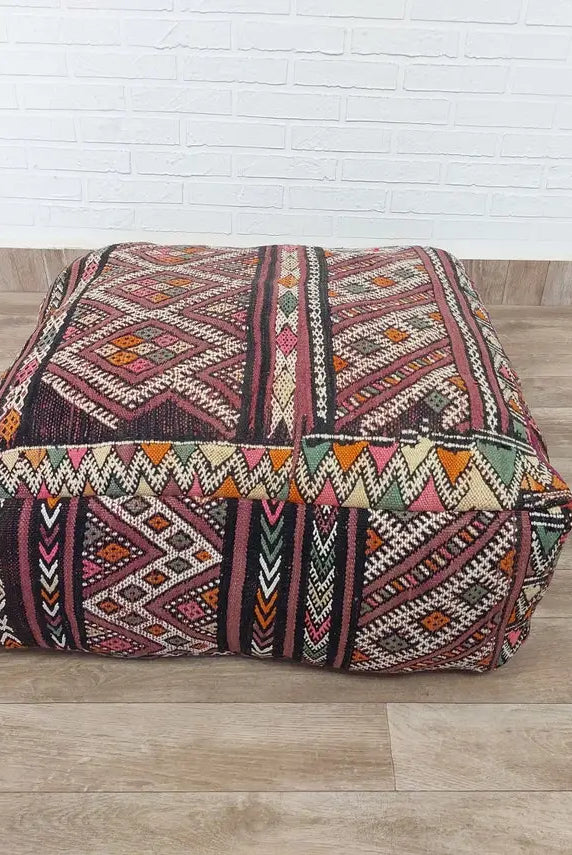 Vintage Moroccan Kilim Pouf: Handcrafted Berber Floor Ottoman, Colorful Wool Boujaad Cushion MoroccanBazzArts