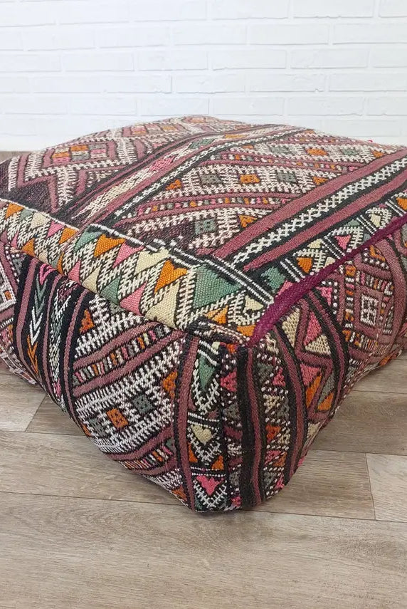 Vintage Moroccan Kilim Pouf: Handcrafted Berber Floor Ottoman, Colorful Wool Boujaad Cushion MoroccanBazzArts