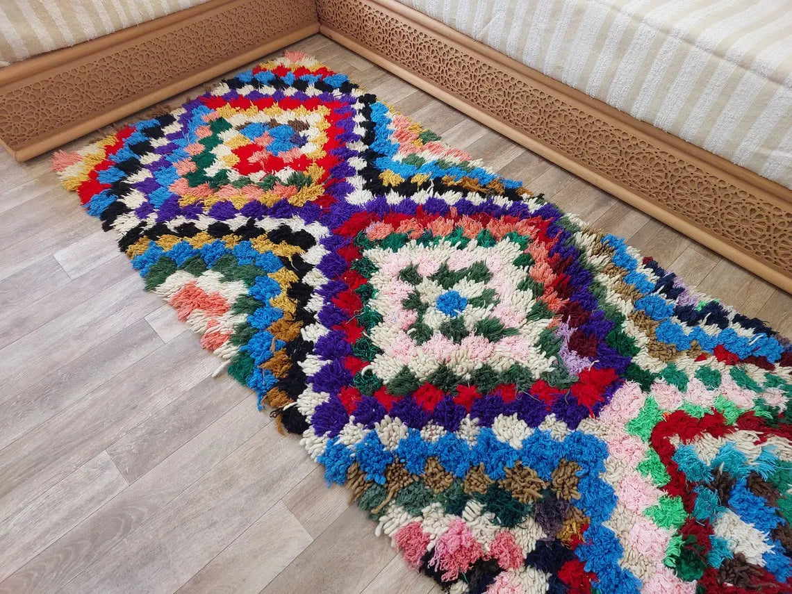 Moroccan Boucherouite Rug, 90 X 197cm, Authentic Berber Runner, Handmade Colorful Small Rug, Recycled Textile Rug MoroccanBazzArts