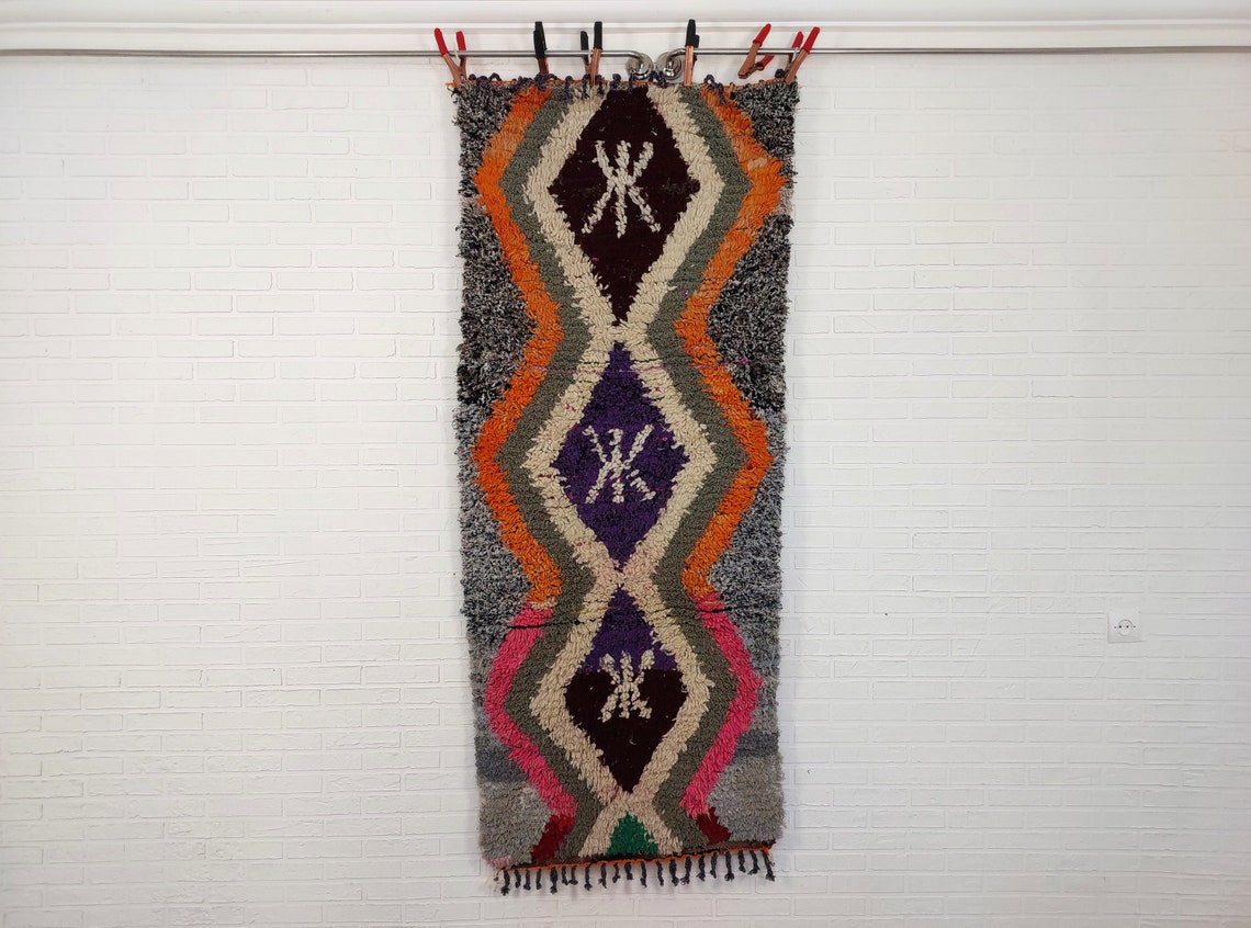 Small Moroccan Rug. Boucharouite Rug. Beni Ourain Rug. Berber Rug. Cute Rug. Handmade Rug 193x81 Cm MoroccanBazzArts