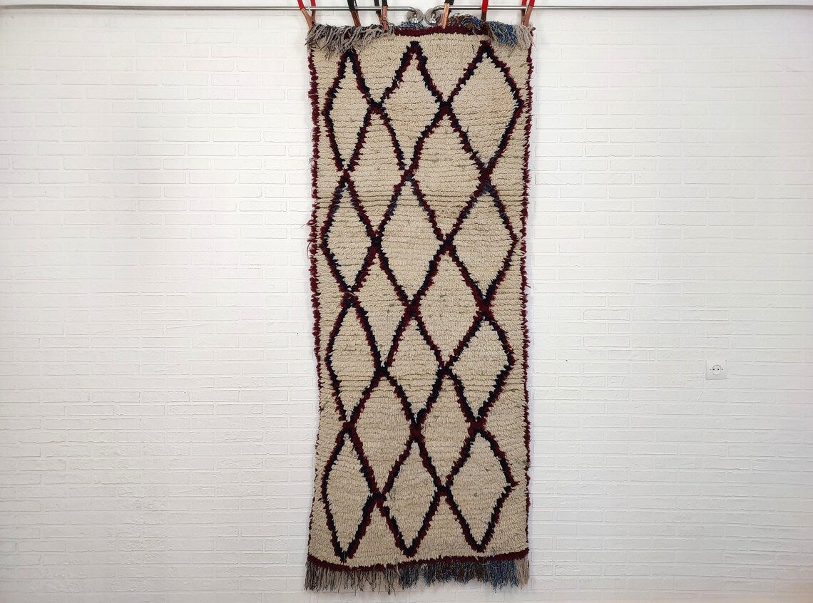 Small Moroccan Rug - Vintage Azilal Runner Rug - Handknotted Bedside Rug - Used Berber Rug . MoroccanBazzArts