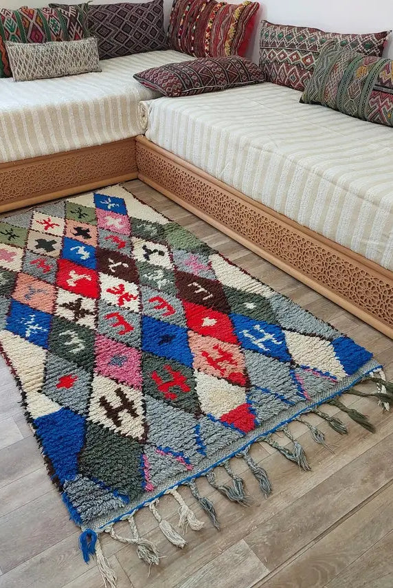 Small Moroccan Boucherouite Rug - Handmade Eco-Friendly - Bright, Bold Patterns 105 x 180cm MoroccanBazzArts