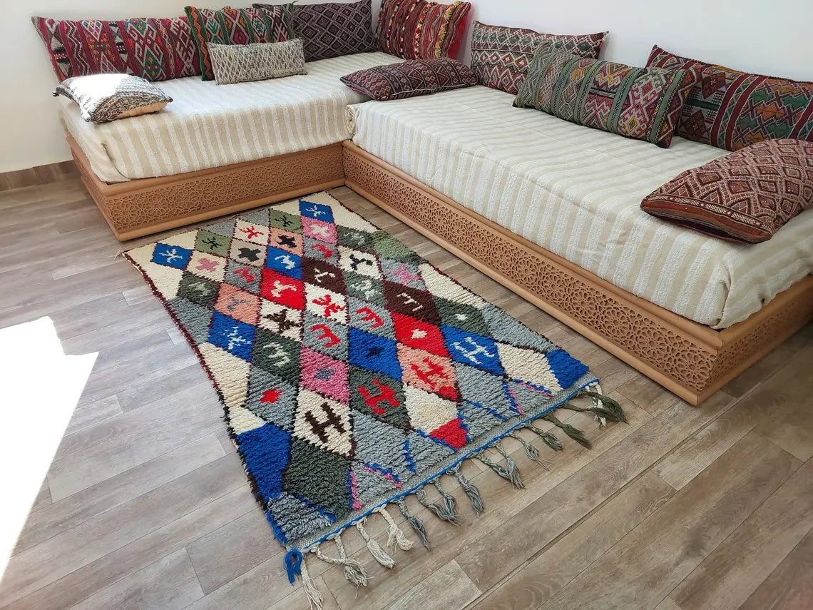 Small Moroccan Boucherouite Rug - Handmade Eco-Friendly - Bright, Bold Patterns 105 x 180cm MoroccanBazzArts