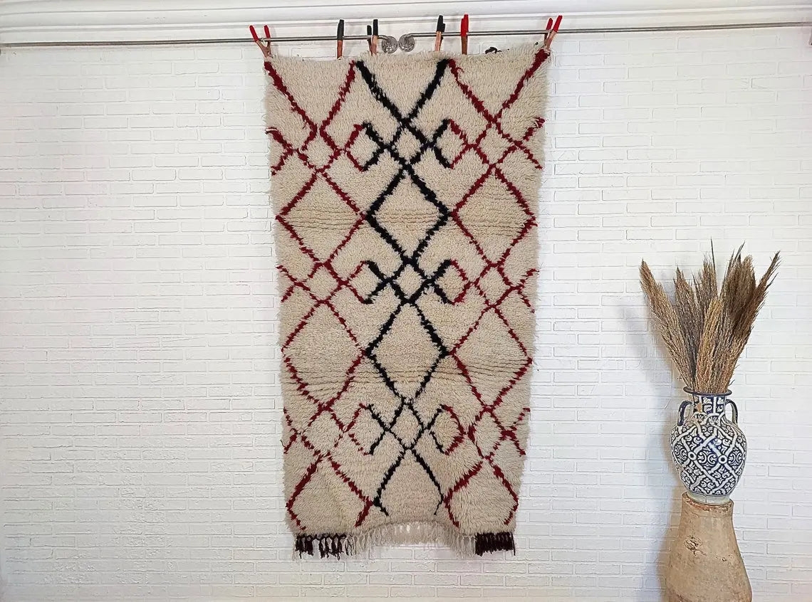 Shaggy Wool Rug - Vintage Small Rug - Handknotted Rug- Berber Carpet - White Moroccan Rug. MoroccanBazzArts