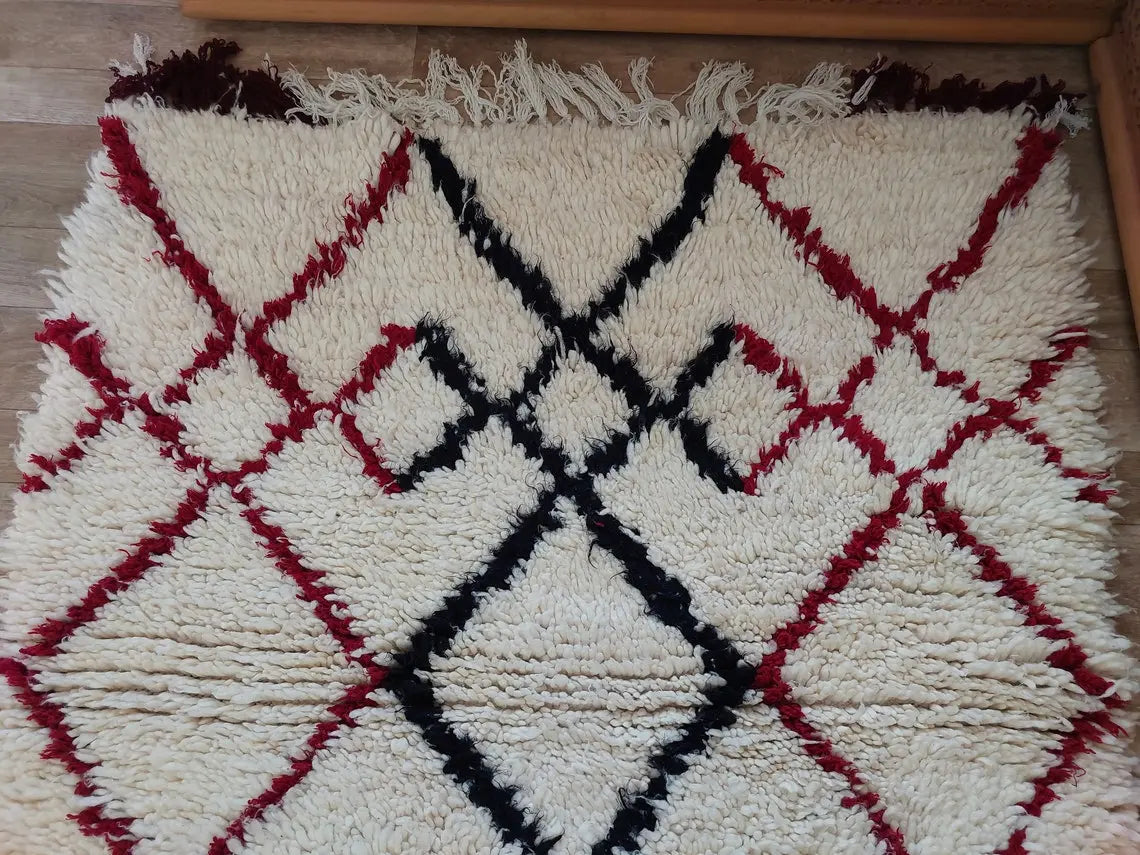 Shaggy Wool Rug - Vintage Small Rug - Handknotted Rug- Berber Carpet - White Moroccan Rug. MoroccanBazzArts