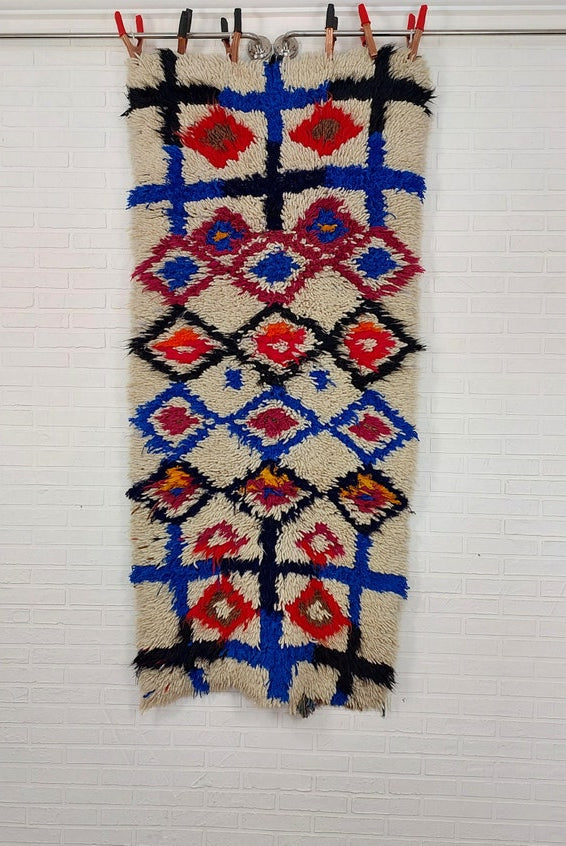 Colorful Floor Art Vintage Rug 2.6x5.8ft: Moroccan Berber Geometric Recycled Runner, Handcrafted Tribal Entryway Decor MoroccanBazzArts