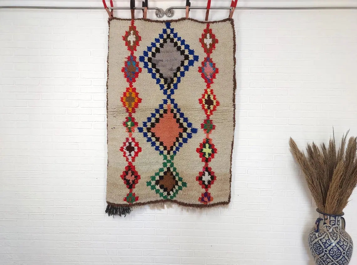 Vintage Berber Beni Ourain Carpet: Small Handknotted Moroccan Rug For Nursery, Living Room, Entryway MoroccanBazzArts