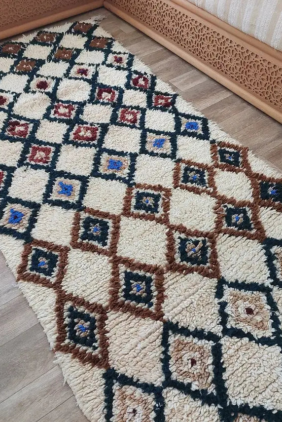Authentic Vintage Moroccan Beni Ourain Runner Rug - Handmade Berber Carpet For Hallway Or Bedside MoroccanBazzArts