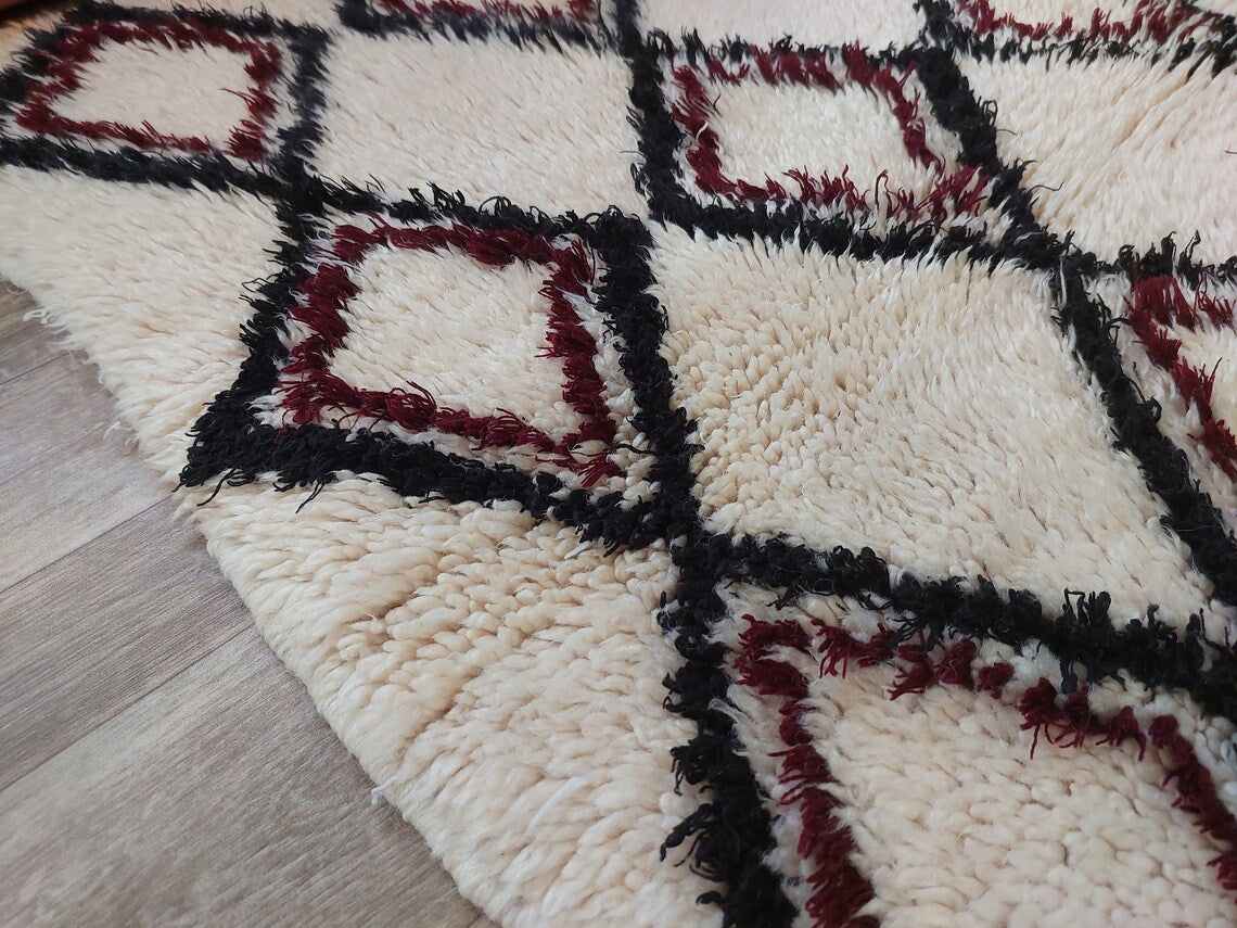 Vintage Beni Ourain Moroccan Rug: Small Handknotted Soft Fluffy Wool Carpet For Living Room MoroccanBazzArts