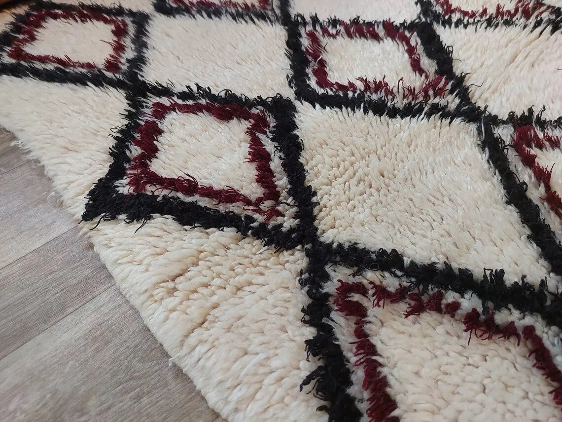 Vintage Beni Ourain Moroccan Rug: Small Handknotted Soft Fluffy Wool Carpet For Living Room MoroccanBazzArts