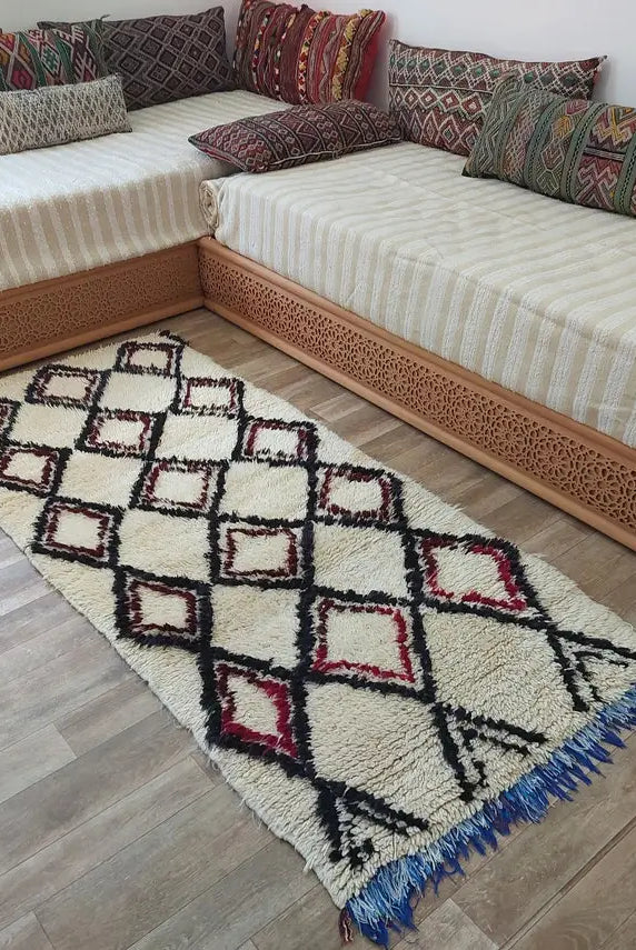 Vintage Beni Ourain Moroccan Rug: Small Handknotted Soft Fluffy Wool Carpet For Living Room MoroccanBazzArts