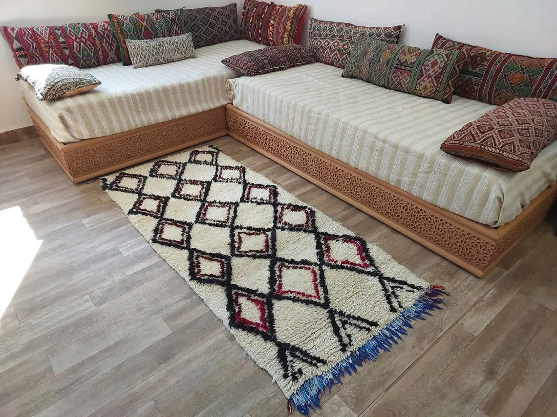 Vintage Beni Ourain Moroccan Rug: Small Handknotted Soft Fluffy Wool Carpet For Living Room MoroccanBazzArts