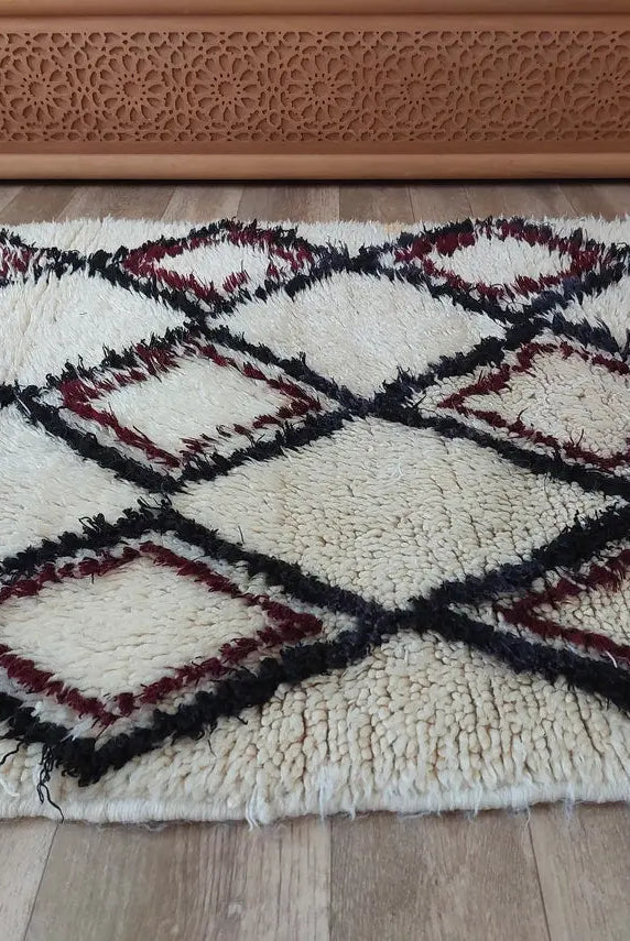 Vintage Beni Ourain Moroccan Rug: Small Handknotted Soft Fluffy Wool Carpet For Living Room MoroccanBazzArts