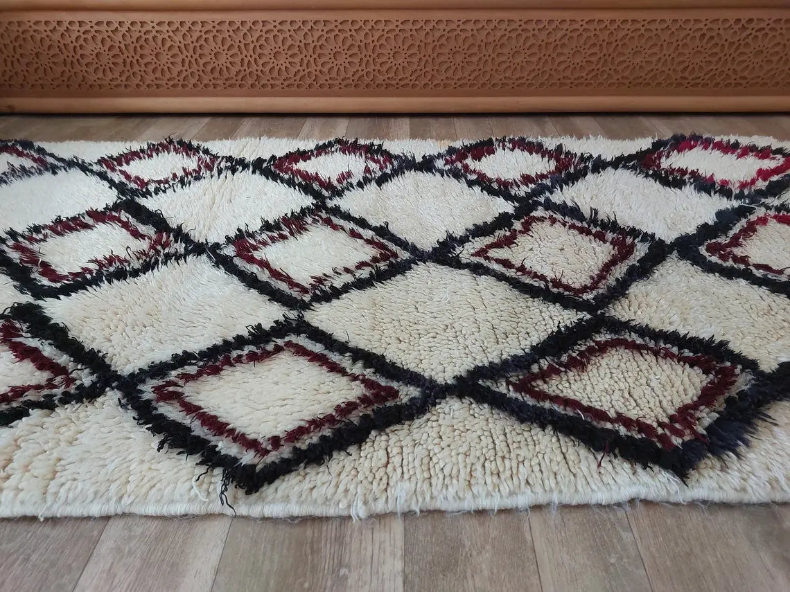 Vintage Beni Ourain Moroccan Rug: Small Handknotted Soft Fluffy Wool Carpet For Living Room MoroccanBazzArts
