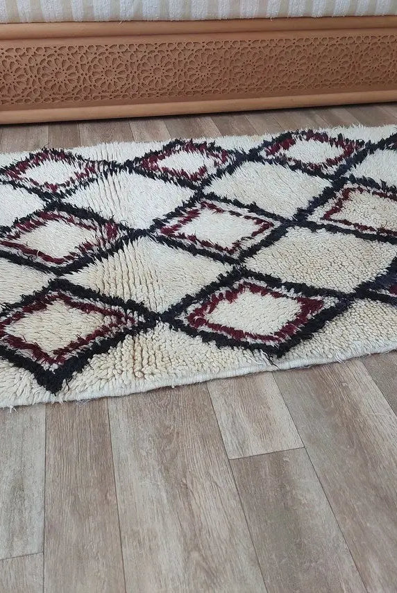 Vintage Beni Ourain Moroccan Rug: Small Handknotted Soft Fluffy Wool Carpet For Living Room MoroccanBazzArts