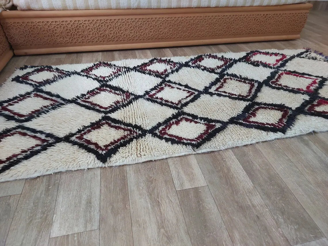 Vintage Beni Ourain Moroccan Rug: Small Handknotted Soft Fluffy Wool Carpet For Living Room MoroccanBazzArts