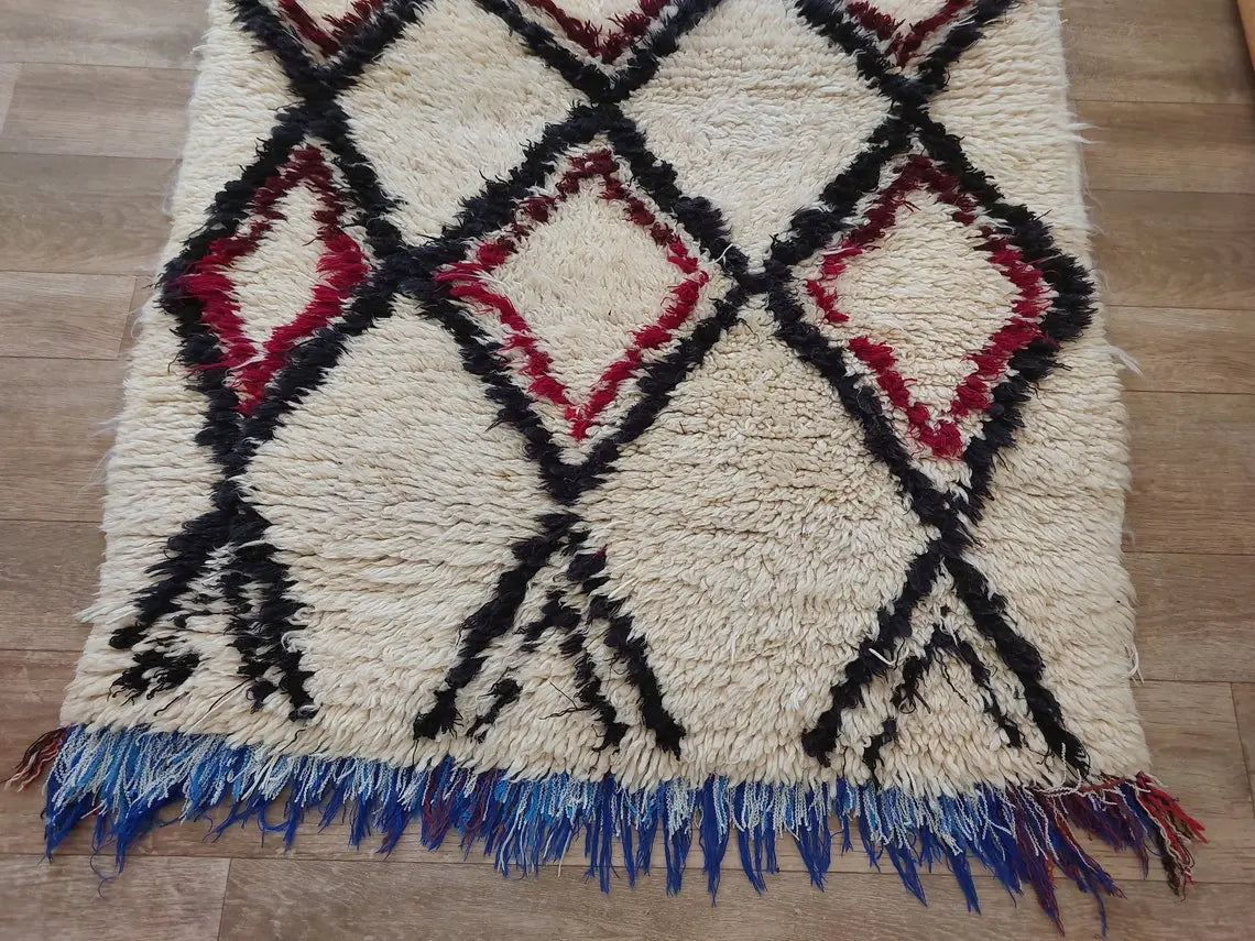Vintage Beni Ourain Moroccan Rug: Small Handknotted Soft Fluffy Wool Carpet For Living Room MoroccanBazzArts