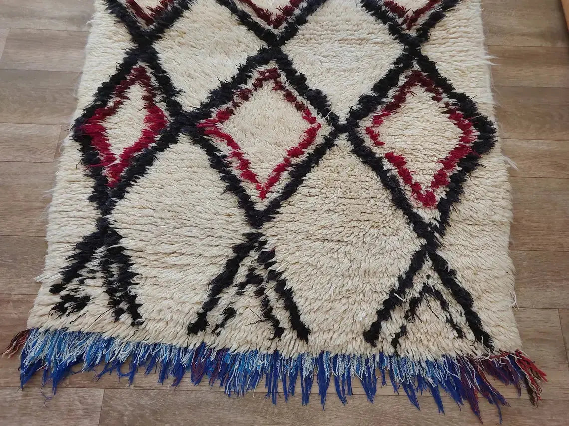 Vintage Beni Ourain Moroccan Rug: Small Handknotted Soft Fluffy Wool Carpet For Living Room MoroccanBazzArts