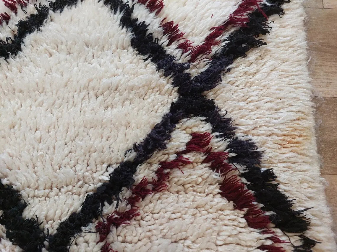 Vintage Beni Ourain Moroccan Rug: Small Handknotted Soft Fluffy Wool Carpet For Living Room MoroccanBazzArts