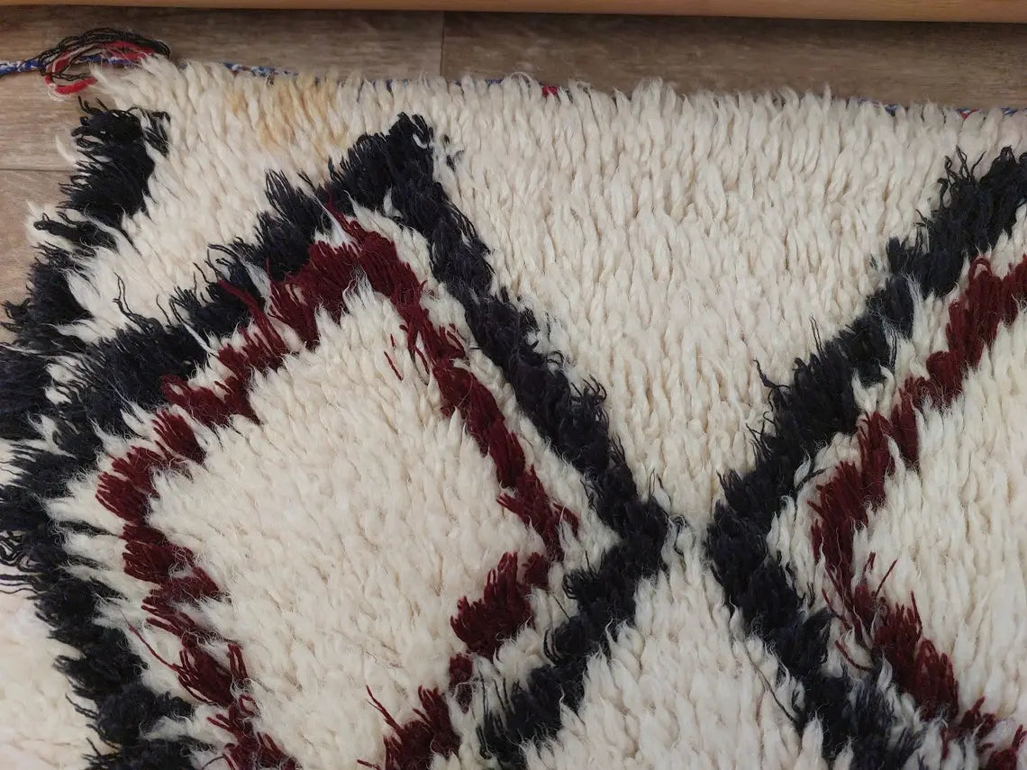 Vintage Beni Ourain Moroccan Rug: Small Handknotted Soft Fluffy Wool Carpet For Living Room MoroccanBazzArts