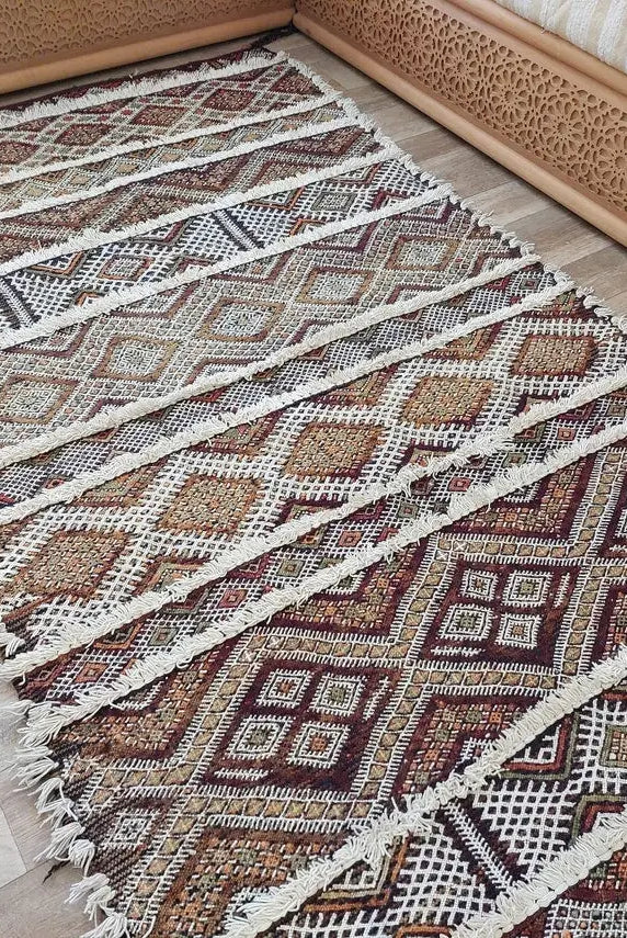 Berber Hallway Rug Blue: Vintage Moroccan Beni M'Guild Kilim Runner, Geometric Flatweave, Handwoven 11.7x3.3ft MoroccanBazzArts