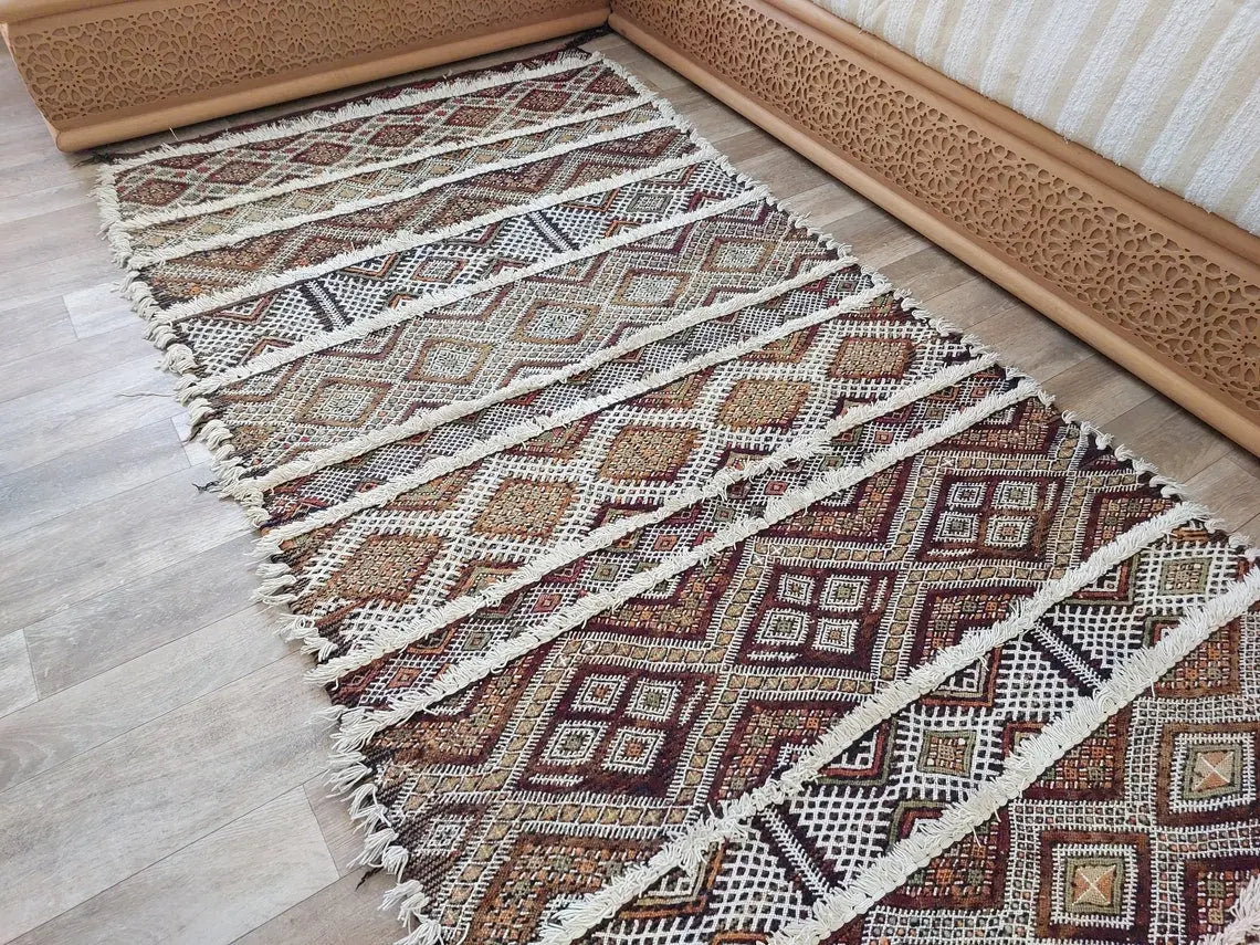Berber Hallway Rug Blue: Vintage Moroccan Beni M'Guild Kilim Runner, Geometric Flatweave, Handwoven 11.7x3.3ft MoroccanBazzArts